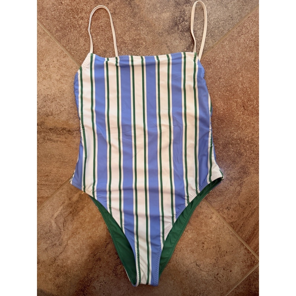 Women's Solid & Striped Blue Striped One Piece Swimsuit High Leg Cheeky Medium